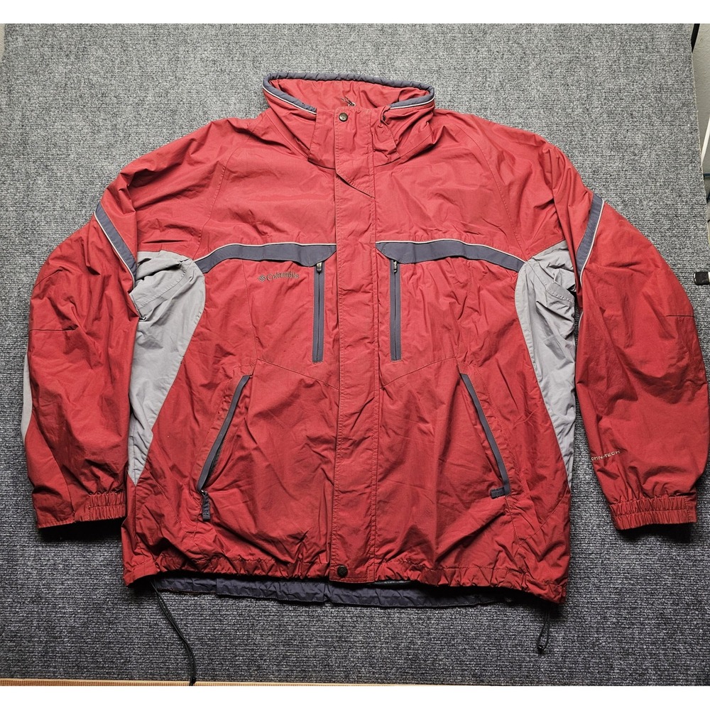 Columbia Omni-Tech Ski Jacket Mens XL Red Grey Hooded Waterproof Winter Coat